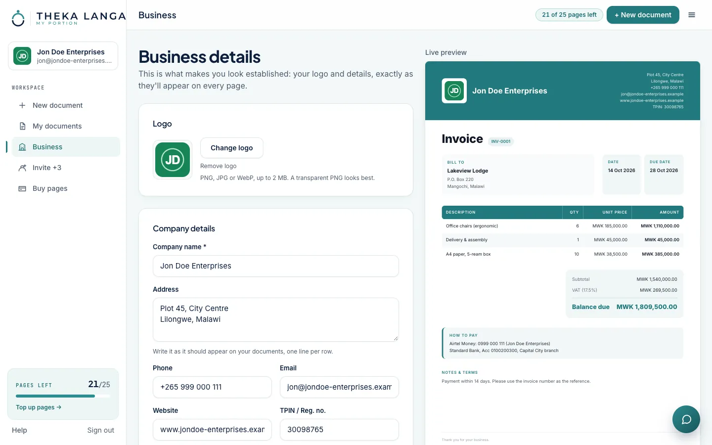 Set up your letterhead once: screenshot