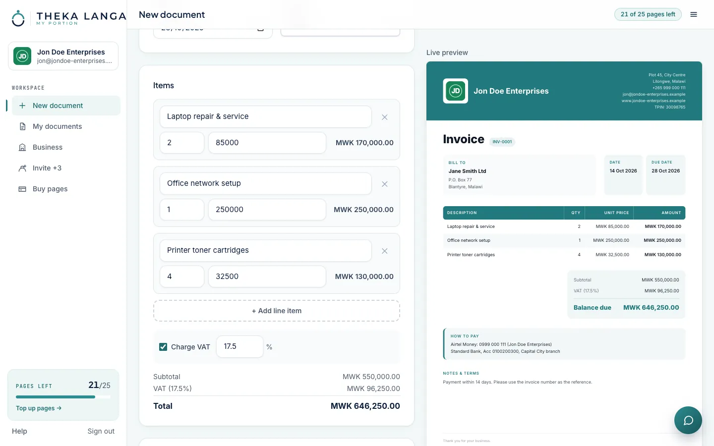 Fill in the items, watch it build: screenshot